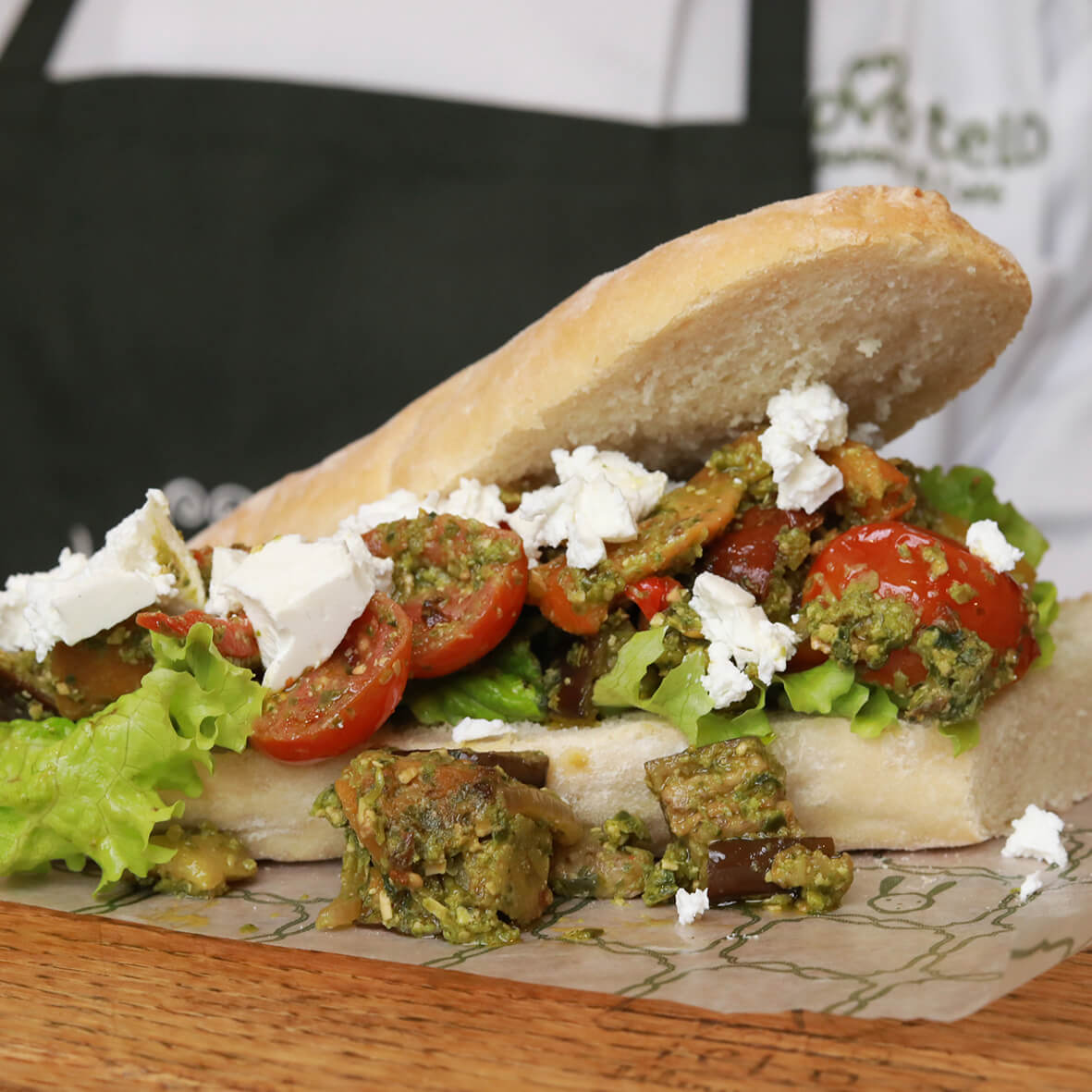 A filled ciabatta sandwich